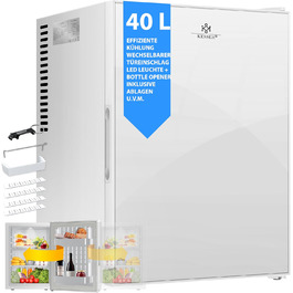 Міні-холодильник KESSER® 40L з дверцятами зі скла: ідеальний для кемпінгу, офісу, спальні, готелю, кухні. Безшумний, з можливістю зміни дверцят, внутрішнім освітленням та відкривачем для пляшок. Білий.