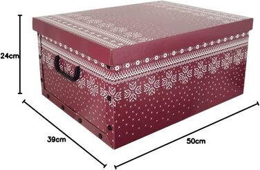 Набір декоративних коробок Kreher з картону (3 шт.) з ручками, для прикрас, 40 кульок, червоний колір, зі сніжинками, стійкий, збирається самостійно