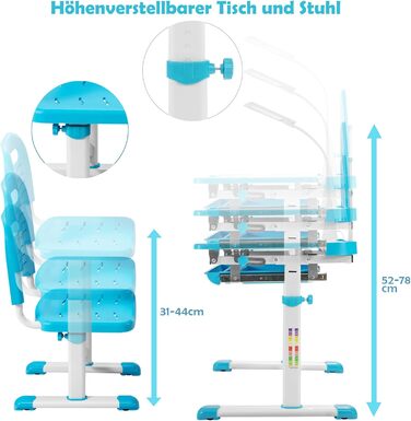 Дитячий письмовий стіл з регулюванням висоти та нахилу зі світлодіодною лампою, підставкою для книг, стільцем та шухлядою (синій)