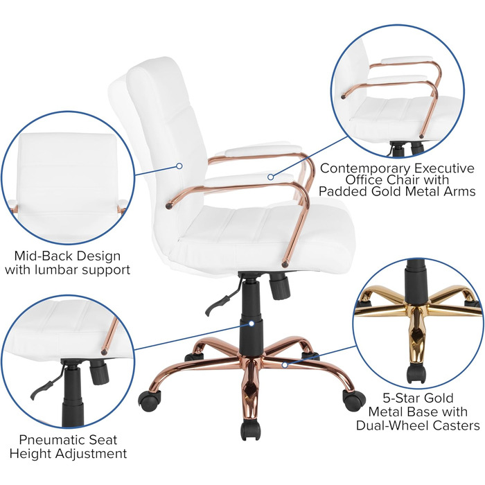 Крісло шеф Flash Furniture: обертне, біле шкіряне, з червоно-золотим каркасом, 61x58,5x103,5 см