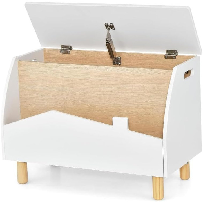 Дитяче книжкове та іграшкове шафка SOARS 2 в 1, білий, 60 x 30 x 44 см. Масивні дерев'яні ніжки, органайзер для іграшок з кришкою та відкритими полицями. Шафа для дитячої кімнати.