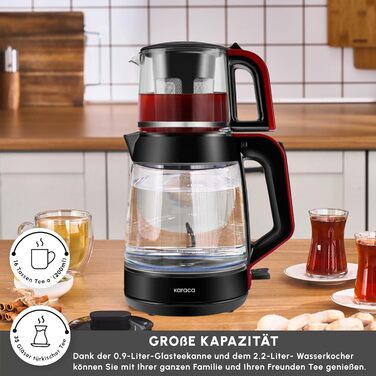 Чайник-заварник Karaca Glass XL 2 в 1 Shiny Black, 0.9л, 2.2л, LED, автоматичний, з обертовою основою