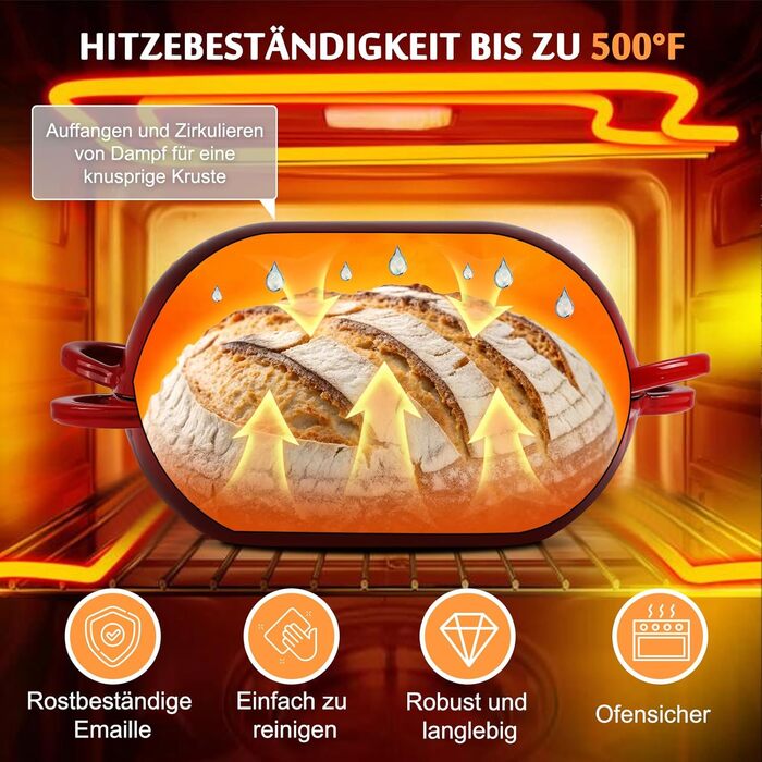 Форма для випікання хліба з кришкою Gusseisen, 23 см, емальоване чавунне ведро, 2.75 л, підходить для духовки (переливи синьо-зеленого та червоного кольорів)