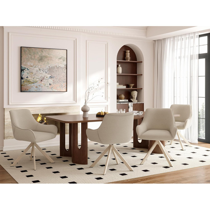 Обідні стільці поворотні, комплект 6 шт. з підлокітниками, 30° поворот, м'який стілець з льону, сучасний поворотний стілець для кухні, їдальні, вітальні, офісу, колір коричневий, металевий каркас, спинка