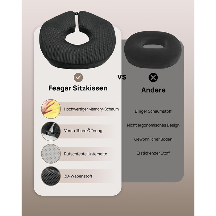 Ортопедична подушка-кільце Feagar: регульований ергономічний подушка-пончик для копчика, геморою та післяпологового відновлення, підходить для авто, офісного крісла та візка, чорна, великий розмір (90-140 кг)
