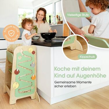 Дерев'яний навчальний столик-лесенка EXPLORER Kids® Montessori 5-в-1 | Регульована висота, захист від падіння, захист від перекидання | Розвиває моторику, цифри та форми | Білий та салатовий кольори | Для дітей від 1 року