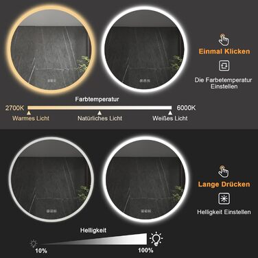 Круглий дзеркало Furduzz з підсвічуванням, 600 мм, для ванної кімнати, настінний, сенсорна кнопка, диммування, 3 кольори, антизапар, інтелектуальна пам'ять