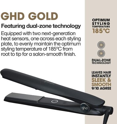 Випрямляч для волосся ghd Gold: професійний, без екстремального нагріву, плаваючі керамічні пластини, гладке покриття, антифриз, швидкий нагрів (30 сек), UK-штекер, упаковка 2023