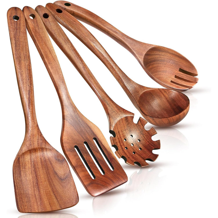 Набір кухонних аксесуарів з текового дерева (10 шт) з підставкою: лопатка, половник, шумовка, ложка для салатів, виделка для салатів
