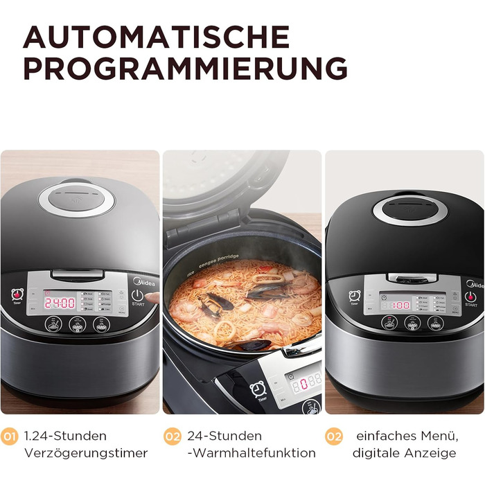 Мультиварка Midea Reiskocher 5 л: 11 програм, рисоварка, супниця, тушкувальник, пароварка, таймер, 24 год підігріву, чорний/сріблястий