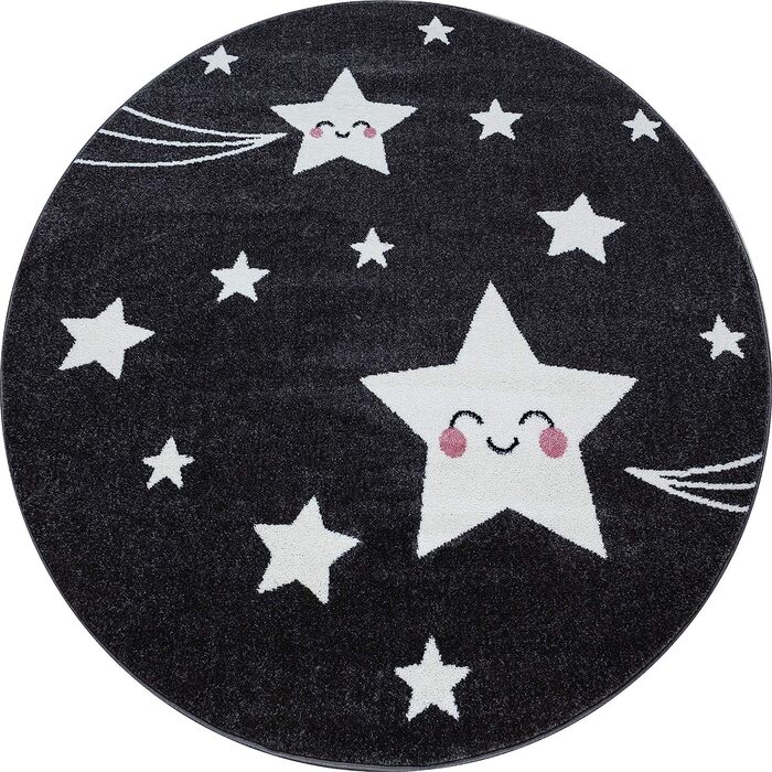 Дитячий килим з коротким ворсом Smiling Star Design Дитяча кімната Ігрова кімната 11 мм Висота ворсу М'яка прямокутна кругла доріжка сірого кольору, Розмір 120 см Кругла 120 см Кругла сіра