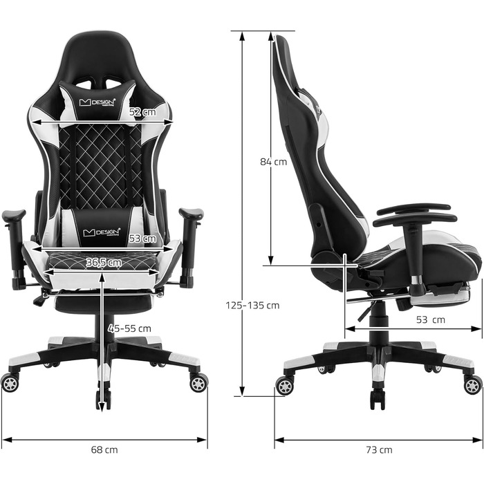 Ігрове крісло ML-Design, шкірозамінник, ергономічне, з підставкою для ніг, підлокітником, підголівником, поперековою подушкою (білий)