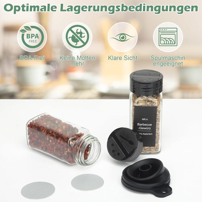 Набір скляних банок для спецій 30 шт. з дозатором, вологостійкі етикетки, 120 мл, чорний колір, органайзер для спецій