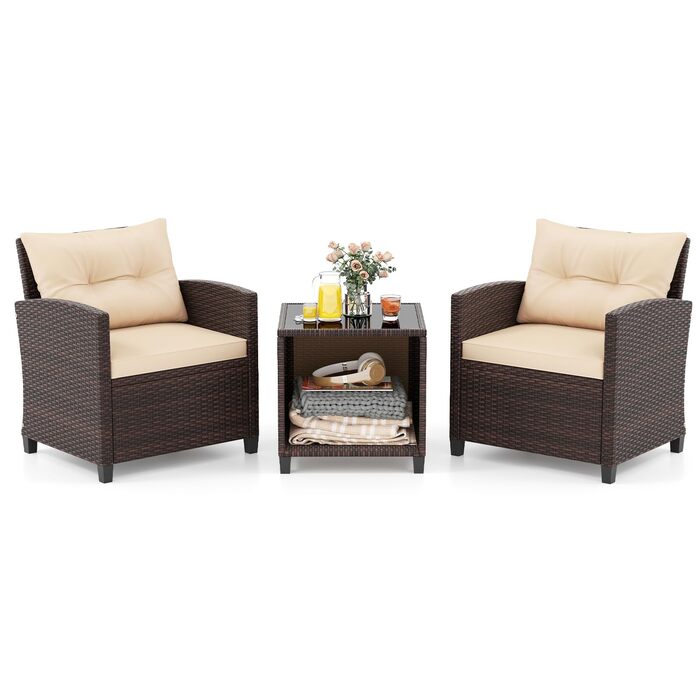 Садовий набір меблів GIANTEX з ротангу для балкона та тераси: 2 крісла та стіл, коричневий ротанг + коричневі подушки