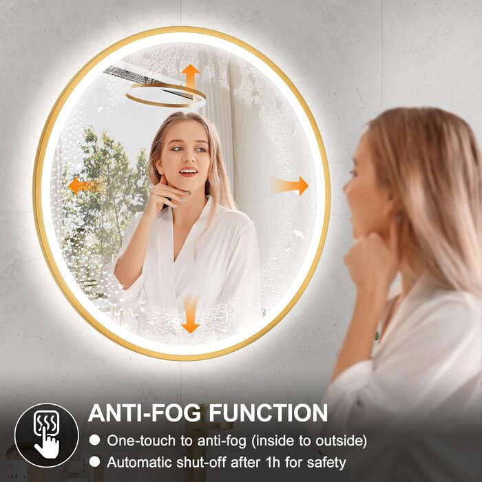 Дзеркало для ванної кімнати Furduzz з LED-підсвічуванням, 700 мм, сенсорне керування, диммування, 3 кольори, протизапотівання, пам'ять, золота рамка (60x60 см)