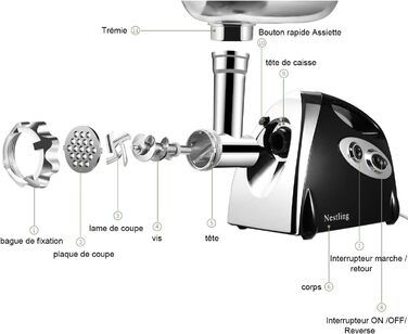 М'ясорубка з нержавіючої сталі Nestling 2800 Вт, ковбасна машина, багатофункціональна (чорна)