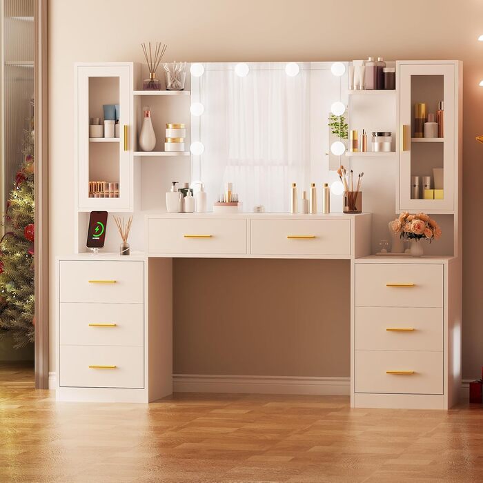 Великий туалетний столик ANWBROAD з LED-підсвіткою (3 кольори), розетками, дзеркалом та 8 висувними ящиками. Сучасний дизайн, колір - білий, розмір 150x135x40 см. Модель BDT67W