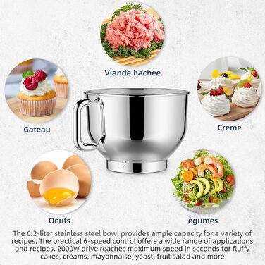 Кухонна машина Cheflee 2000W з місткістю 6.2л, нержавіюча сталь, 6 швидкостей, низький шум, насадки для замішування та збивання, для тіста та крему