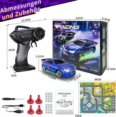 RC Дрифт-кар Mini Drift 1/64 з LED підсвіткою, 2 режими швидкості, 2.4GHz, блакитний – іграшка для дітей та дорослих, комплект з трасою та перешкодами
