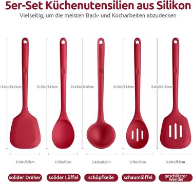 Набір кухонних аксесуарів U-Taste з силікону (5 шт.), стійкий до 315°C, BPA-free, антипригарний, для приготування, перемішування, подачі їжі (червоний)