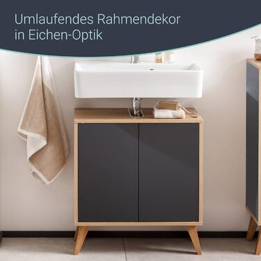 Тумба під раковину FACKELMANN Finn, коричневий світлий, 60 см, ретро стиль, Push-to-Open, без ручок, Made in Germany (Антрацит, тумба + раковина)