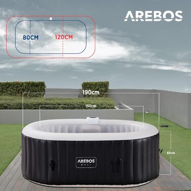 Надувний джакузі Arebos Whirlpool з LED-підсвіткою та підігрівом, 190x120 см, 90 масажних форсунок, 550 л, для 2 осіб, з кришкою