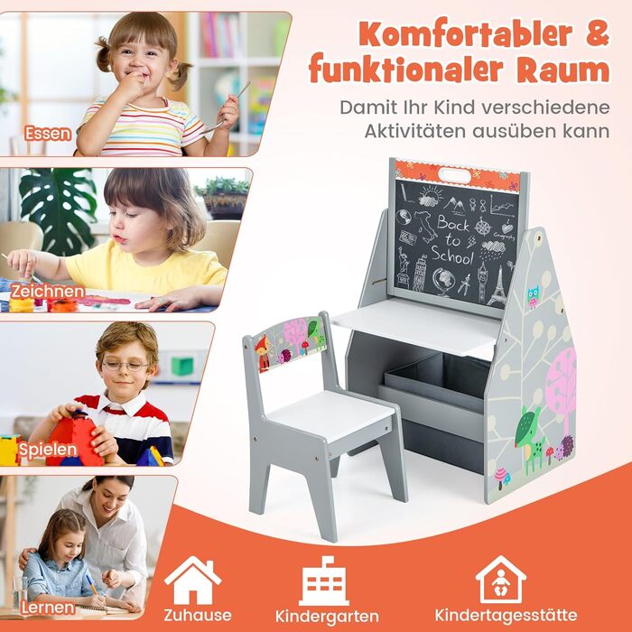 Дитячий набір 3 в 1 Dreamade: стіл, стільчик, книжкова полиця та контейнер, з магнітною дощечкою, сірий