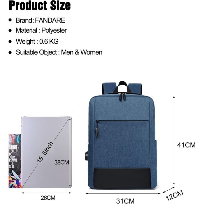 Рюкзак для ноутбука FANDARE Чоловічий жіночий шкільний рюкзак Денний рюкзак Трекінговий рюкзак із USB-портом для зарядки Денні рюкзаки для ділових поїздок, роботи, відпочинку, ранця на відкритому повітрі (синій)