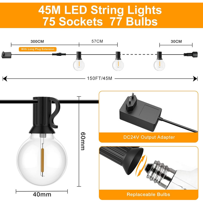 Ланцюжок вогнів GLUROO для вулиці, диммування, 45.7м, водонепроникний, з пульт, 75+2 G40, LED, для саду