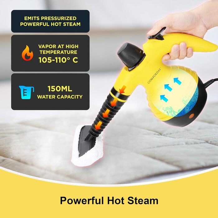 Портативний пароочисник Comforday для дому та авто: видаляє жир, плями та бруд. Зі 9 насадками для чищення диванів, кухні та інших поверхонь.