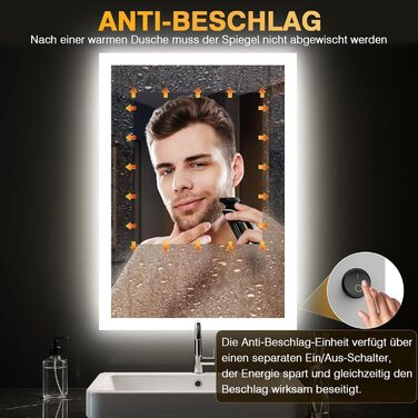 Дзеркало для ванної кімнати з підсвічуванням LED, антизапар, 2 кольори світла (3000K/6500K), вимикач-клавіша, прямокутне, 45 x 60 см