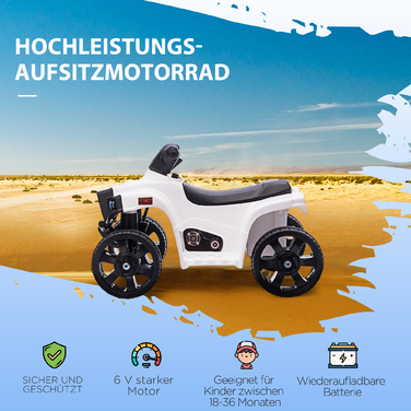 HOMCOM Mini Electric Quad Kids Електричний квадроцикл Коляска Електричний мотоцикл з 2 фарами Електричний квадроцикл Пляжний автомобіль Форма PP Сталь Чорний+Білий