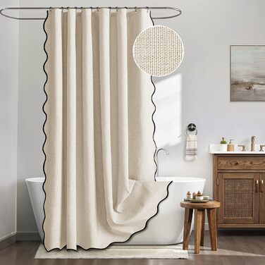 Шторка для душу MIULEE 120x200 см, льонова текстура, бежева, з чорною окантовкою, водонепроникна, антигрибкова, з 8 кільцями, для ванної кімнати