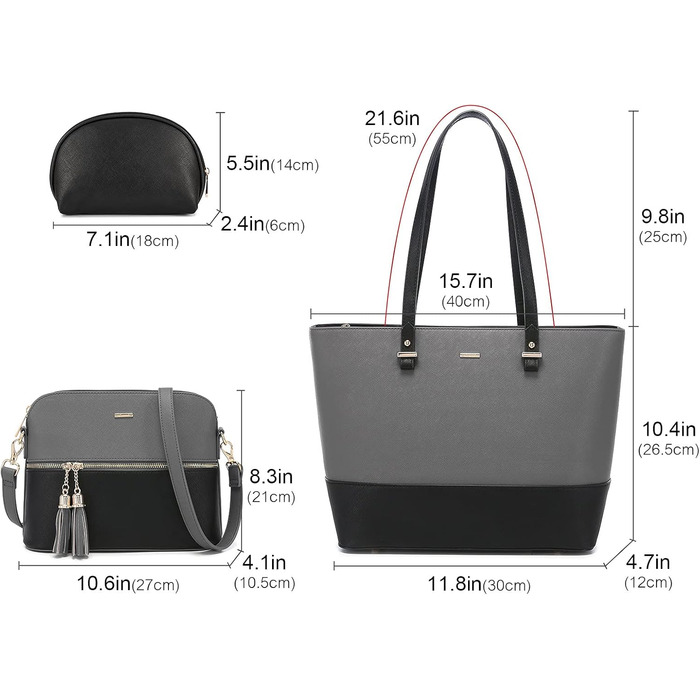 LOVEVOOK Сумка-шоппер для жінок, велика шкіряна сумка на плече, 3 шт. (сірий-чорний)