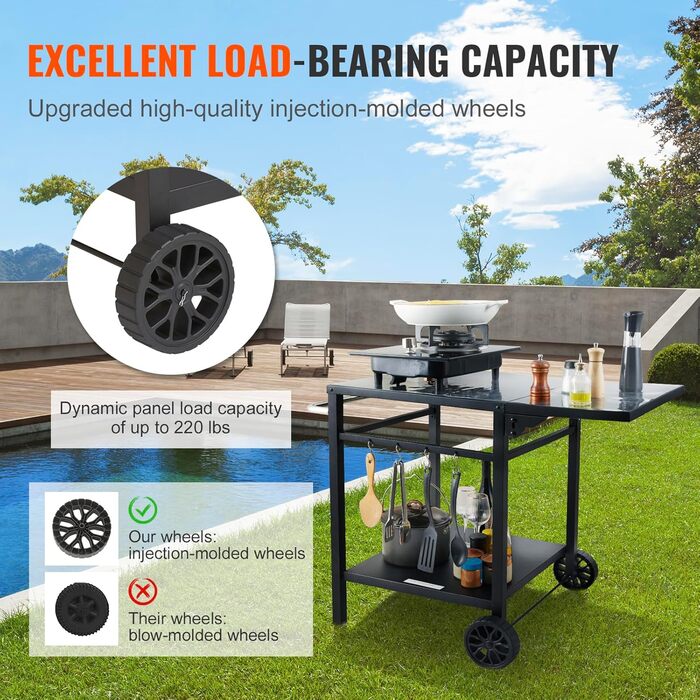 Grillwagen VEVOR: Мобільний вуличний гриль з подвійною полицею та регульованим столиком для приготування їжі (97,2 x 64 x 75,5 см)