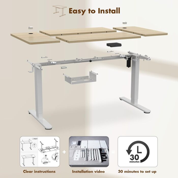 Електричний регульований стіл JUMMICO 160x80 см з зарядкою, комп'ютерний стіл з кабелеуправлінням, ергономічний стіл для сидіння та стояння, білий (бежевий)