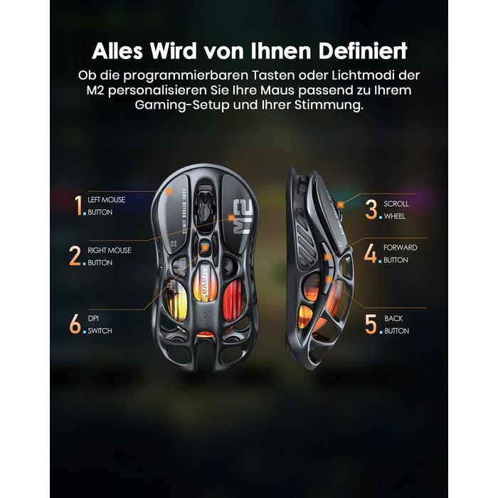 GravaStar Mercury M2 Бездротова Ігрова Миша з 26000 DPI, Сенсор PAW3395, 79г, 5 RGB-режимів, 5 програмованих кнопок, Tri-Mode (2.4GHz/Bluetooth/Кабель), для PC/Mac – Чорний