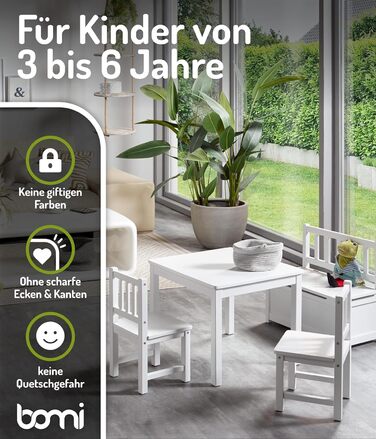 Дитячий меблевий набір Bomi Anna: стіл, 2 стільці та лавка-сховище | Меблі для дитячої кімнати з FSC сертифікованого дерева | Білий