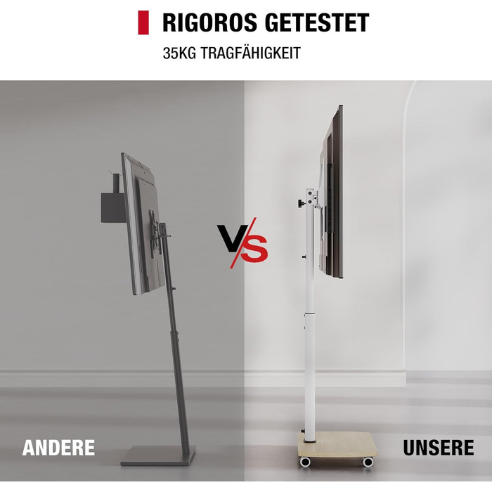 Підставка для телевізора на колесах з полицею, для телевізорів 32-65 дюймів, до 35 кг, поворотна на 90°, регульована по висоті, VESA 400x400mm (Білий+Натуральний колір)