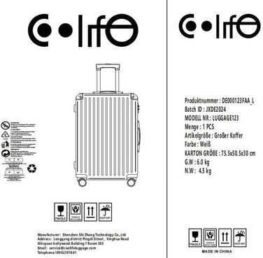 Візок COOLIFE ABS Hard Shell із замком TSA, телескопічною ручкою та 4 колесами (великим, білим)