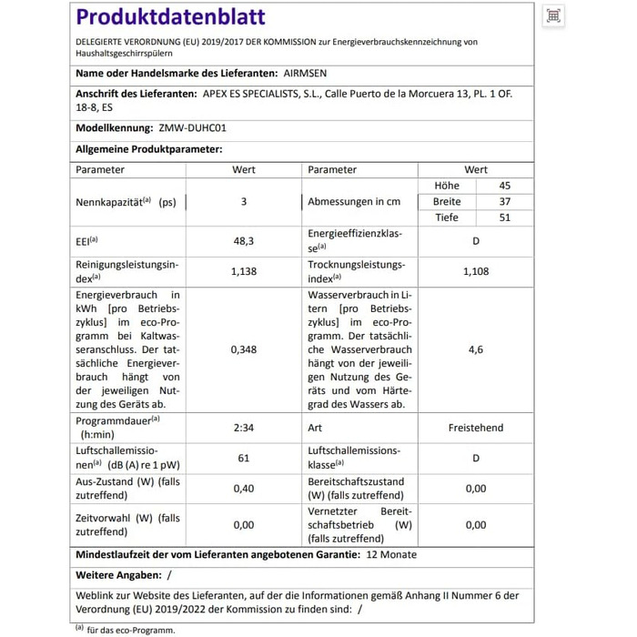 Мийка посуду AIRMSEN Mini для столу з резервуаром для води, ополіскувачем, 9 програм, 37*50 см, ультра-вузька, таймер 1-24 год, 360° подвійний розпилювач, шланг/без шланга, білий