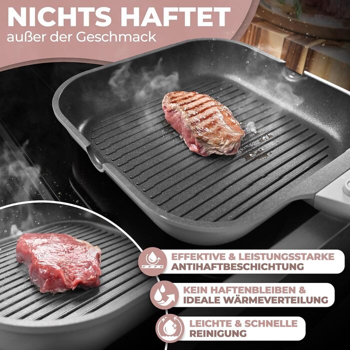 Сковорода-гриль NEU 28 см з виливом та знімним ручками, антипригарне покриття, PFOA-free, для індукції, жароміцна | сковорода з покриттям для грилю | сковорода для стейків (сіра)