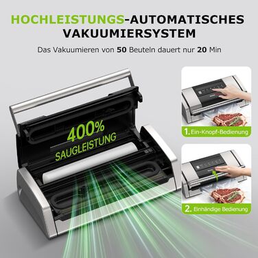 Вакууматор Bonsenkitchen VS5100 для Sous-Vide, 15 л/хв, з вбудованим різаком та кліпсою для пакетів, сріблястий