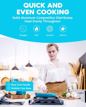 Набір кухонного посуду Gotham Steel з антипригарним покриттям, керамічно-мідним покриттям - сковорідки, каструлі, глибокий квадратний кошик для смаження, блакитний