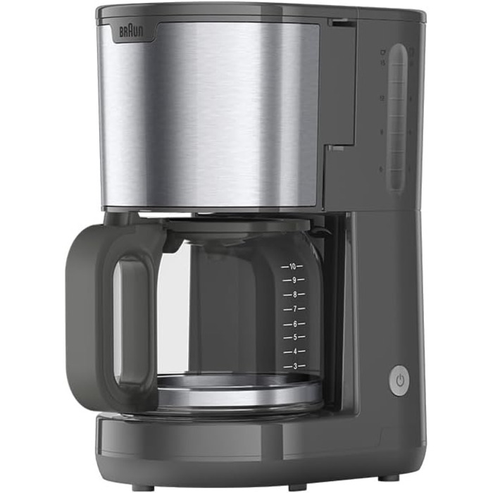 Кавоварка Braun PurShine KF1500GY, фільтраційна, скляний глечик, система OptiBrew, антикрапельна функція, автоматичне вимкнення, 10 чашок, 1000 Вт, сіра