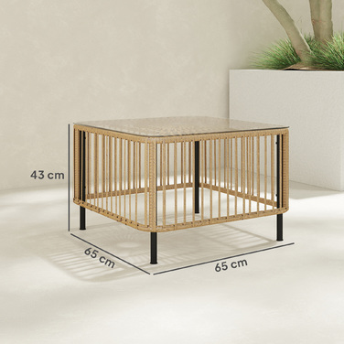 Садовий стіл Outsunny з полі ротанга, 65 x 65 x 43 см, стійкий до погодних умов журнальний стіл Квадратний стіл для патіо зі скляною стільницею Балконний стіл Садові меблі для саду, патіо, балкона з натурального дерева