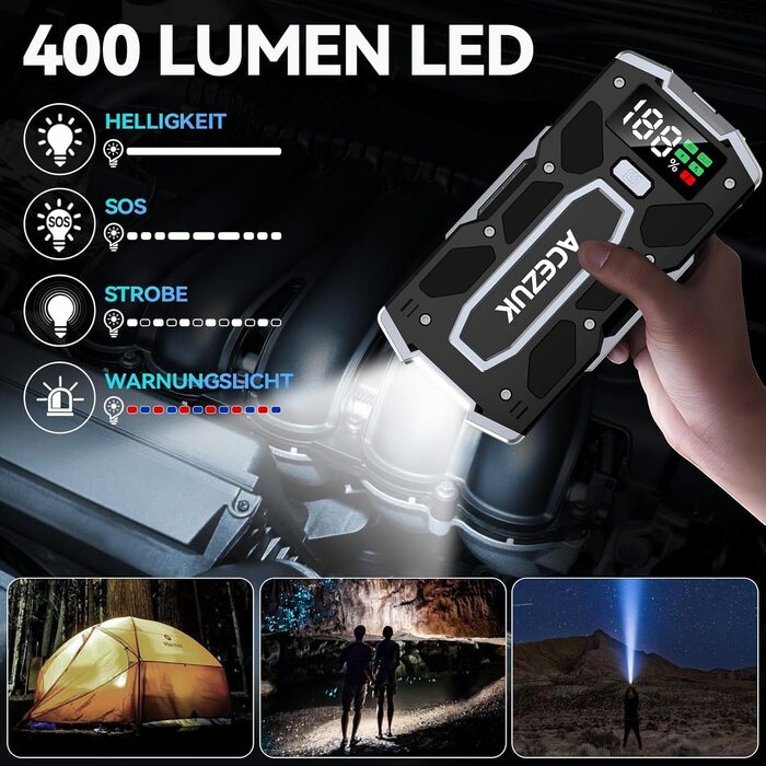 Портативний зарядний пристрій Starthilfe Powerbank 6000A для автомобіля з LED-ліхтариком та великим екраном (7000A Чорний)