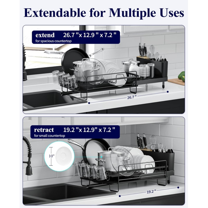 Сушарка для посуду Kitsure, висувна, багатофункціональна, з відділенням для столових приборів, 67.8 x 32.7 x 14.9 см (Чорний)