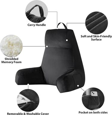 Крісло-мішок з підлокітниками для дорослих, подушка для спини для відпочинку в ліжку, з піною з пам'яті та кишенями, знімний, пральний чохол, для релаксації, перегляду телевізора, чорний, X-Large (24 дюйми)