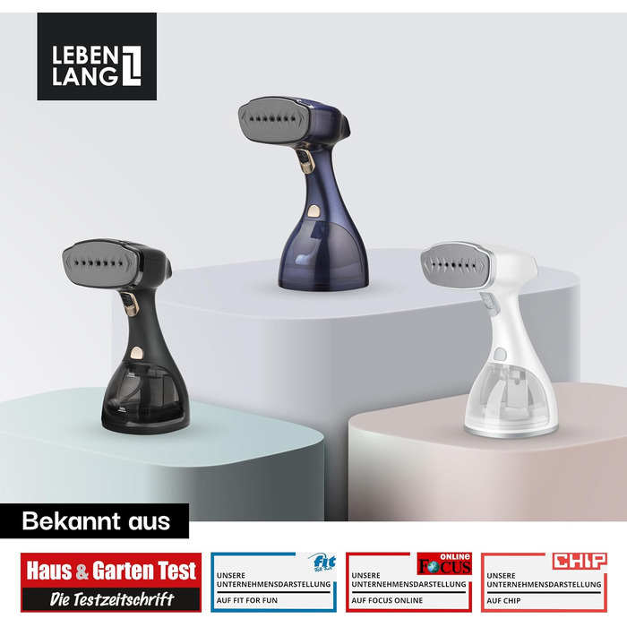 LEBENLANG Пароочищувач для одягу - 1500W, 300ml, з рукавичкою та насадками | Професійний пароочищувач для одягу | Білий
